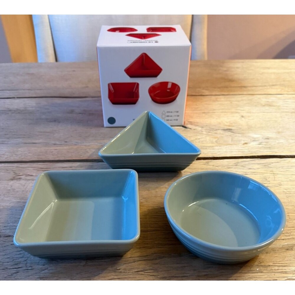 Le Creuset Stoneware Geometric Tapas Serving Dishes Set of 3 Sea Salt Green NEW